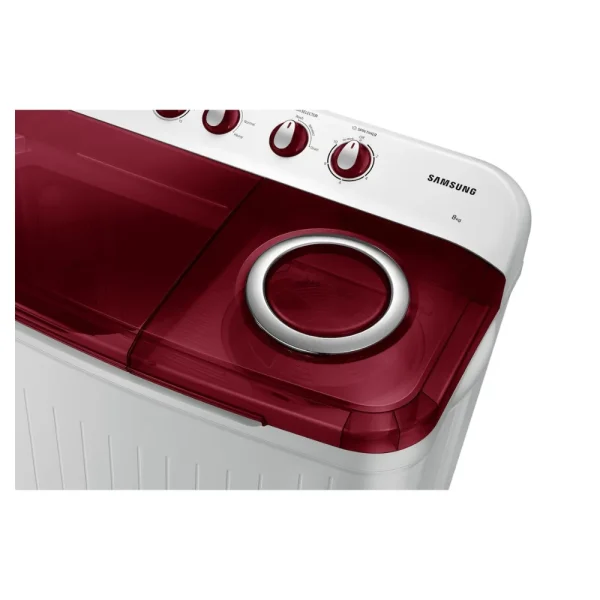 Samsung 8 Kg 5 Star Semi Automatic Top Load Washing Machine WT80C4000RR | Air Turbo Drying, Double Storm Pulsator, Rust-Proof Body, Light Gray with Wine Base