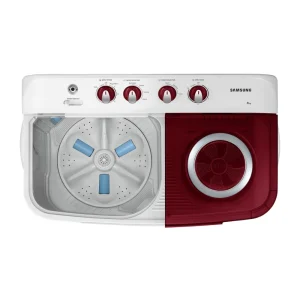Samsung 8 Kg 5 Star Semi Automatic Top Load Washing Machine WT80C4000RR | Air Turbo Drying, Double Storm Pulsator, Rust-Proof Body, Light Gray with Wine Base