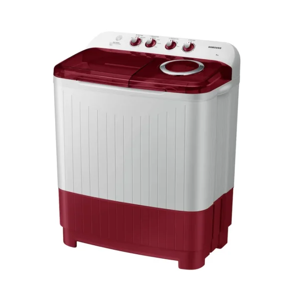 Samsung 8 Kg 5 Star Semi Automatic Top Load Washing Machine WT80C4000RR | Air Turbo Drying, Double Storm Pulsator, Rust-Proof Body, Light Gray with Wine Base