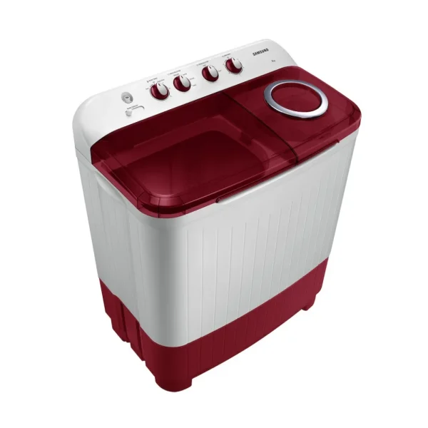 Samsung 8 Kg 5 Star Semi Automatic Top Load Washing Machine WT80C4000RR | Air Turbo Drying, Double Storm Pulsator, Rust-Proof Body, Light Gray with Wine Base