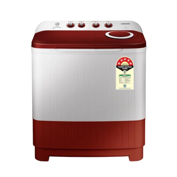 Samsung 8 Kg 5 Star Semi Automatic Top Load Washing Machine WT80C4000RR | Air Turbo Drying, Double Storm Pulsator, Rust-Proof Body, Light Gray with Wine Base