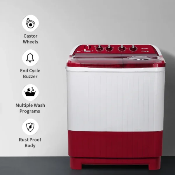 SHARP 8.0 kg 5 Star Semi-Automatic Top Loading Washing Machine ES-SD80NB-TR (Ruby Red) | Quadroniq Pulsator, 1300 RPM, Wave Dry Ring SHARP 8.0 kg 5 Star Semi-Automatic Top Loading Washing Machine ES-SD80NB-TR (Ruby Red) | Quadroniq Pulsator, 1300 RPM, Wave Dry Ring