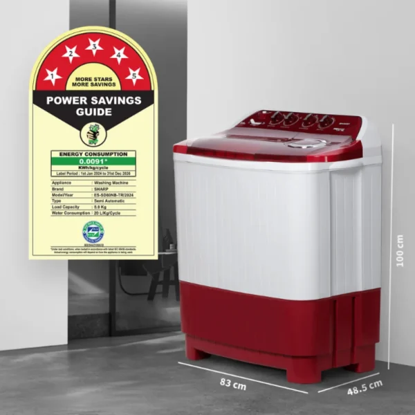 SHARP 8.0 kg 5 Star Semi-Automatic Top Loading Washing Machine ES-SD80NB-TR (Ruby Red) | Quadroniq Pulsator, 1300 RPM, Wave Dry Ring SHARP 8.0 kg 5 Star Semi-Automatic Top Loading Washing Machine ES-SD80NB-TR (Ruby Red) | Quadroniq Pulsator, 1300 RPM, Wave Dry Ring