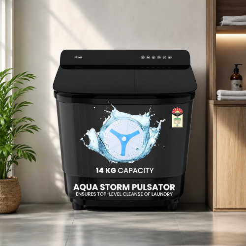 Haier 14 Kg 5 Star Semi Automatic Top Load Washing Machine with Toughened Glass and Soft Fall Technology (HTW140-178BK, Anti Bacterial Vortex Pulsator, Magic Filter, Anti Rat Mesh, Castors, Black)
