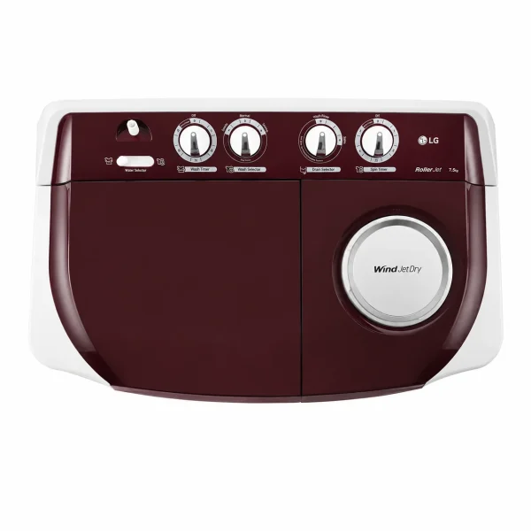 LG 7.5 Kg Semi Automatic Washing Machine | Roller Jet Pulsator | Wind Jet Dry | 5 Star Energy Rating | Burgundy LG 7.5 Kg Semi Automatic Washing Machine | Roller Jet Pulsator | Wind Jet Dry | 5 Star Energy Rating | Burgundy
