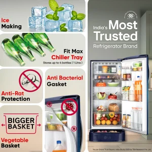 -original-imahktcybsnb24pn LG 185 L Direct Cool Single Door 5 Star Refrigerator with Base Drawer with Smart Inverter Compressor, Runs on Home Inverter, Fit Max Chiller Tray & 2026 Model