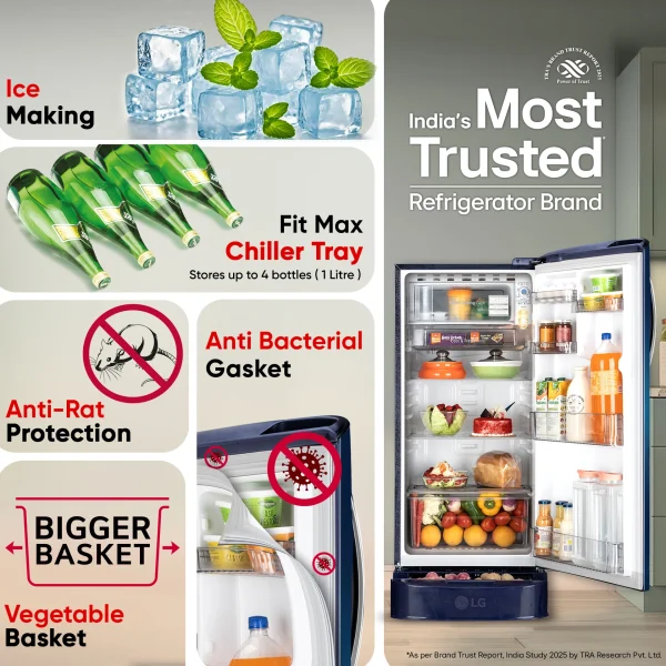 -original-imahktcybsnb24pn LG 185 L Direct Cool Single Door 5 Star Refrigerator with Base Drawer with Smart Inverter Compressor, Runs on Home Inverter, Fit Max Chiller Tray & 2026 Model