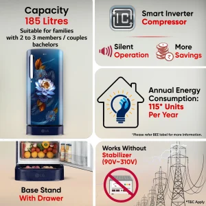 -original-imahktcyqzgs8j6f LG 185 L Direct Cool Single Door 5 Star Refrigerator with Base Drawer with Smart Inverter Compressor, Runs on Home Inverter, Fit Max Chiller Tray & 2026 Model